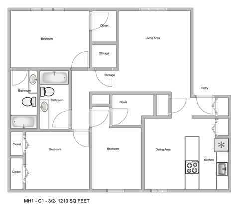 Floor plan for 3 beds, 2 baths, 1210 sqft